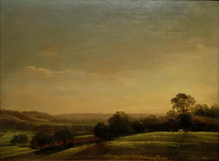 John Constable Dedham Vale Abend Kunstkopie, weites Suffolk-Tal im warmen Abendlicht mit Baumsilhouetten am Horizont