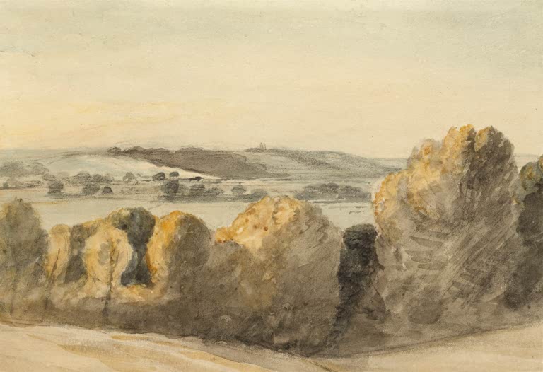 John Constable Dedham Vale Kunstkopie, Aquarell mit goldbraunen Bäumen vor weitem, hellem Tal