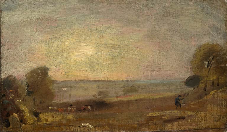 John Constable Dedham Vale vom Weg nach East Bergholt Kunstkopie, Sonnenuntergang über Wiesen mit Figuren und Pferd