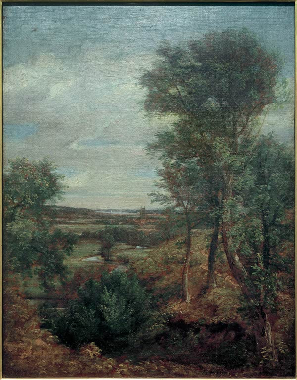 Waldiger Hang mit hohem Baum über einem weiten Tal – John Constable Dedham Vale von den Coombs Kunstkopie