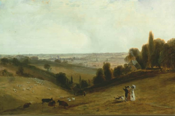 Weite Hügellandschaft mit Kühen und zwei Spaziergängern im Vordergrund – John Constable Dedham Valley Kunstkopie