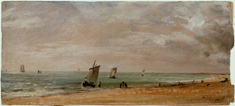 Weiter Sandstrand mit Segelbooten und kleinen Figuren am Meer – John Constable Der Strand von Brighton Kunstkopie