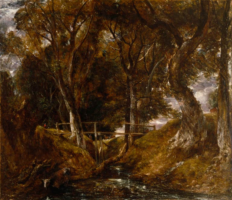 John Constable Der Talgrund im Helmingham Park Kunstkopie, Holzsteg über Bach in dichtem herbstlichem Wald