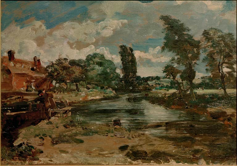 Mühle am Wasser, windgebeugte Bäume, Wolken – John Constable Die Flatford-Mühle von der Schleuse Kunstkopie