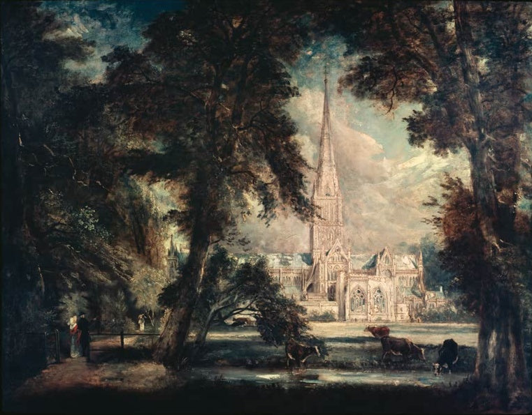 John Constable Kathedrale von Salisbury Kunstkopie, gotischer Turm zwischen dunklen Baumkronen mit weidenden Kühen am Teich
