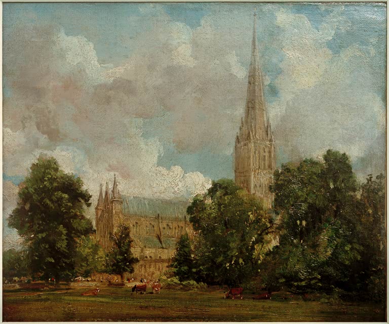 Kathedrale mit hohem Turm zwischen grünen Bäumen unter hellem Himmel – John Constable Die Kathedrale von Salisbury Kunstkopie