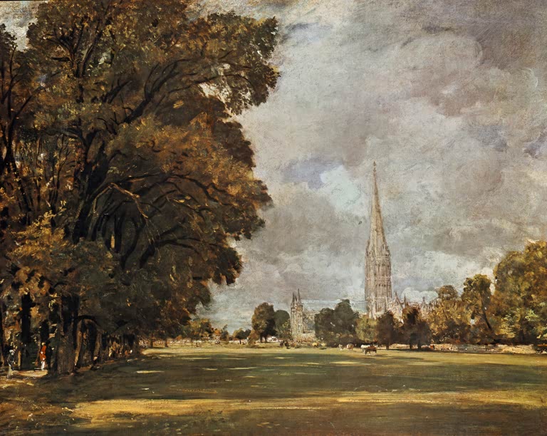 John Constable Kathedrale von Salisbury Kunstkopie, gotischer Kirchturm zwischen herbstlichen Bäumen und Weide