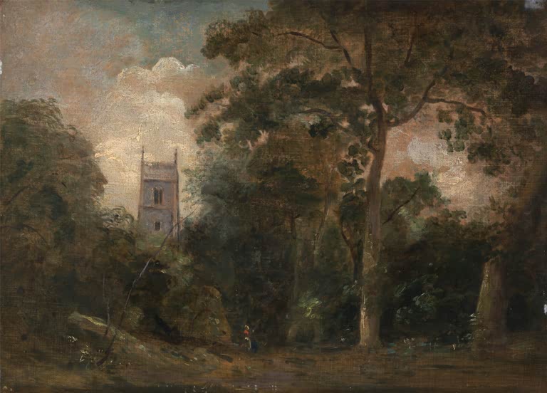 Kirchturm zwischen dunklen, hohen Bäumen, vorn ein Pfad – John Constable Die Kirche in den Bäumen Kunstkopie
