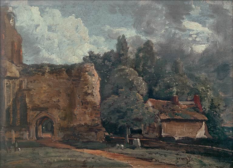 Turmruine mit Torbogen, daneben ein Haus unter dunklen Bäumen – John Constable Die Kirche von East Bergholt Kunstkopie