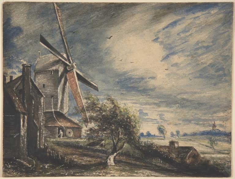 Windmühle auf einem Hügel mit Häusern unter dramatisch bewegtem Himmel – John Constable Die Mühle bei Colchester Kunstkopie
