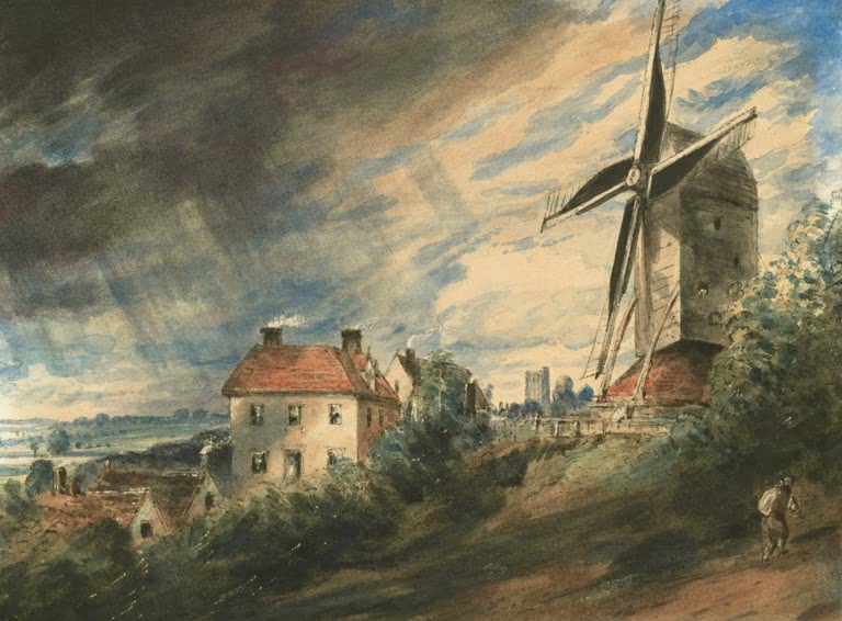 John Constable Die Mühle von Stanway bei Colchester Kunstkopie, Windmühle über Cottages unter bewölktem Aquarellhimmel