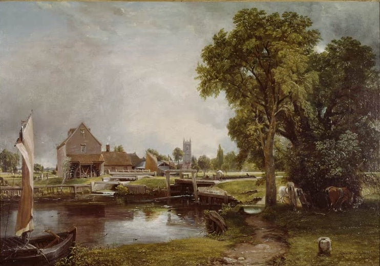 John Constable Die Schleuse und Mühle von Dedham Kunstkopie, Flusslandschaft mit Mühle, Boot und Kühen unter großem Baum