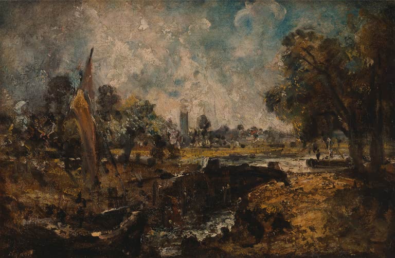 Holzschleuse und Boot mit Mast, dahinter Dorf und Kirchturm unter Wolken – John Constable Die Schleuse von Dedham Kunstkopie