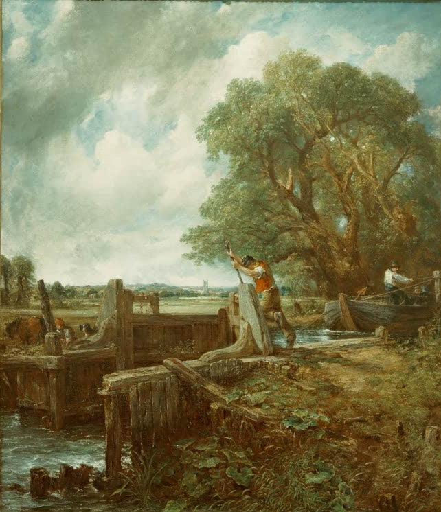 John Constable Die Schleuse Kunstkopie, Schleusenwärter am Tor mit Lastkahn auf dem Fluss Stour