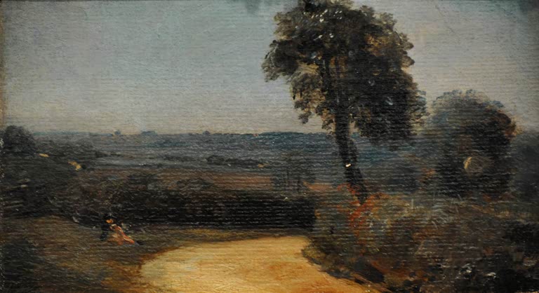 Sandweg durch weite Landschaft, rechts ein hoher Baum – John Constable Die Straße von East Bergholt Kunstkopie