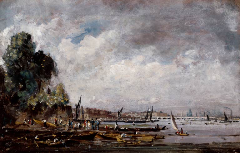 Themseufer mit Booten und Arbeitern, am Horizont eine Brücke – John Constable Die Waterloo-Brücke Kunstkopie