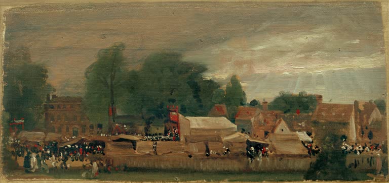 Dorffest mit Zelten und Menschenmenge vor Häusern unter trübem Himmel – John Constable Dorffest, East Bergholt Kunstkopie