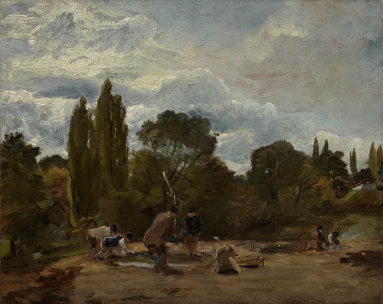 John Constable Dreschen der Rübenblätter Kunstkopie, Landarbeiter zwischen hohen Pappeln bei East Bergholt in Suffolk