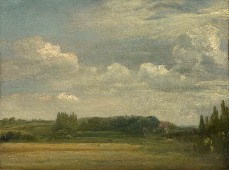 John Constable East Bergholt Common Kunstkopie, Sommerwiese mit Bäumen und Blick auf ein Gehöft mit rotem Dach