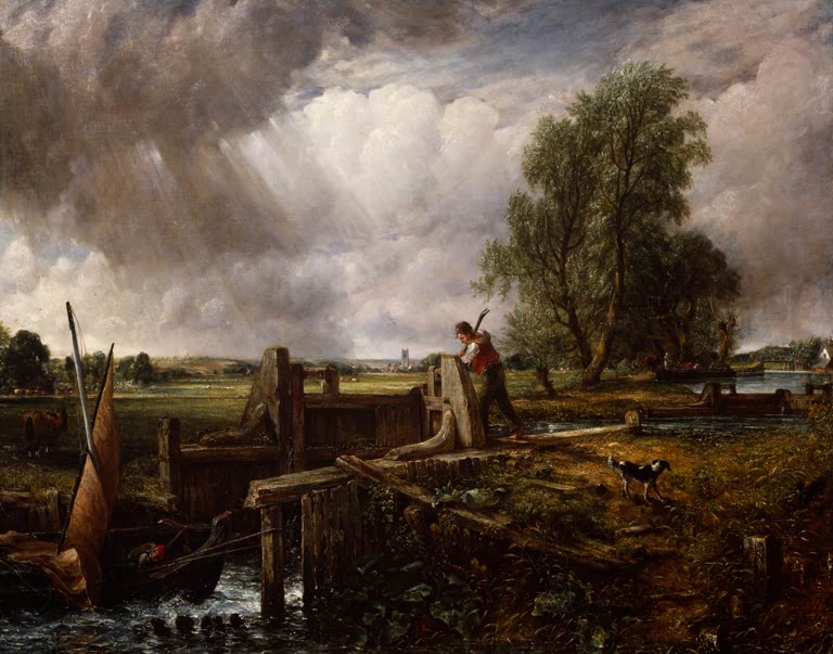 John Constable Ein Boot passiert eine Schleuse Kunstkopie, Schleusenwärter an der Flatford-Schleuse mit Kahn und Hund