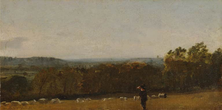 Schäfer mit Schafherde vor Baumreihe und weitem Tal – John Constable Ein Schäfer in einer Landschaft Kunstkopie
