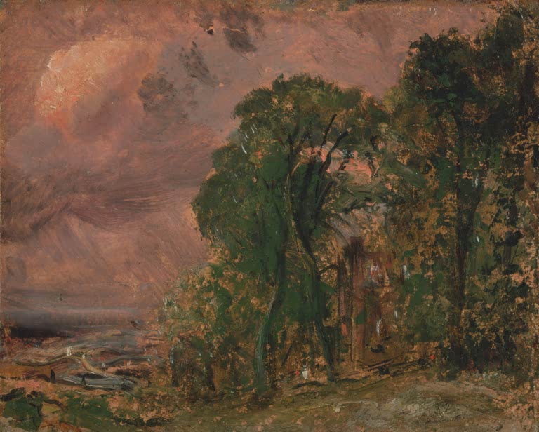 Dunkle Bäume vor rosa-violettem Sturmhimmel – John Constable Hampstead bei stürmischem Wetter Kunstkopie