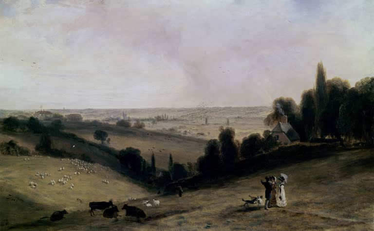 Hügelige Weite mit Schafen, Kühen und zwei Figuren am Weg – John Constable Englische Landschaft. Dedham Vale Kunstkopie
