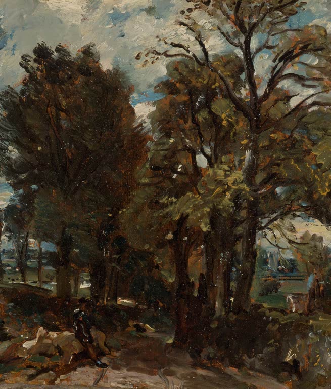 Hohe Bäume an einem Feldweg mit Häusern im Hintergrund – John Constable Fen Lane, East Bergholt Kunstkopie