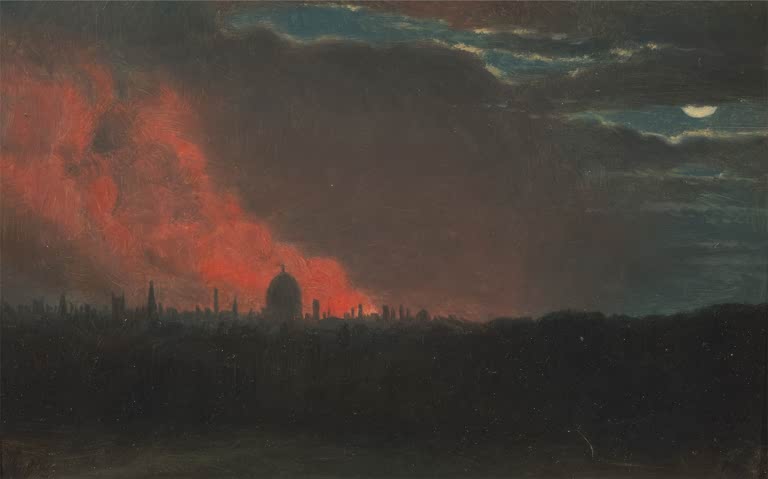 Glutrotes Feuer am Horizont unter dunklem Himmel, Silhouette einer Stadt – John Constable Feuer in London Kunstkopie