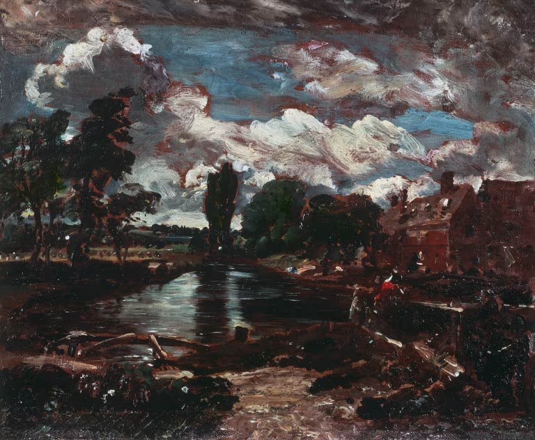 Mühlenteich mit Backsteinhaus und Wolken – John Constable Flatford-Mühle von der Schleuse am Stour Kunstkopie