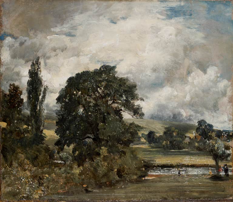 John Constable Flusswiesen bei Salisbury Kunstkopie, Baumgruppe am Flussufer unter weitem bewölktem Himmel