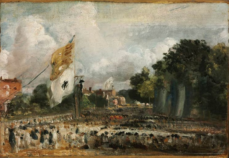 Festliche Menschenmenge unter großer Fahne vor Bäumen – John Constable Friedensfeier von 1814 Kunstkopie