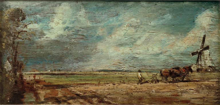 Pflügendes Pferdegespann auf weitem Feld, rechts eine Windmühle – John Constable Frühling: Anger von East Bergholt Kunstkopie