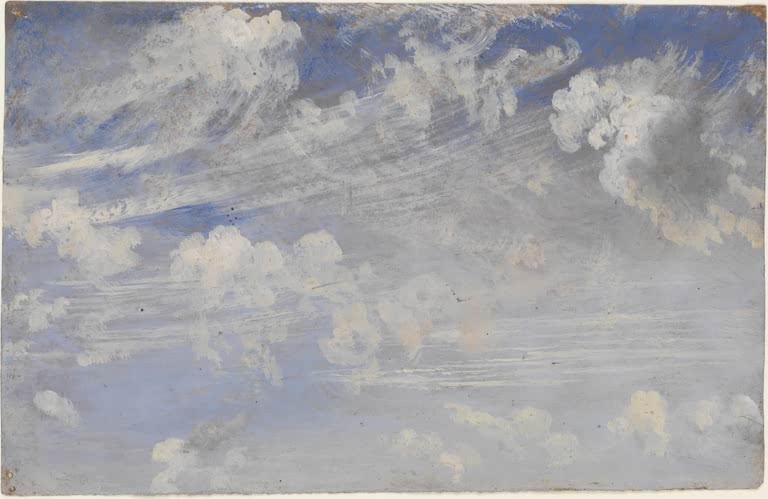 Blauer Himmel mit hellen Zirruswolken und Wolkenbänken – John Constable Frühlingswolkenstudie Kunstkopie
