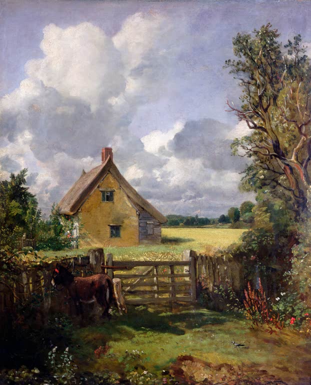 Strohgedecktes Häuschen hinter Holztor, Kornfeld – John Constable Häuschen in einem Kornfeld Kunstkopie