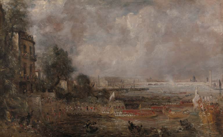 Festliche Themsefront mit Booten und Menschen – John Constable Entwurf für die Eröffnung der Waterloo Bridge Kunstkopie