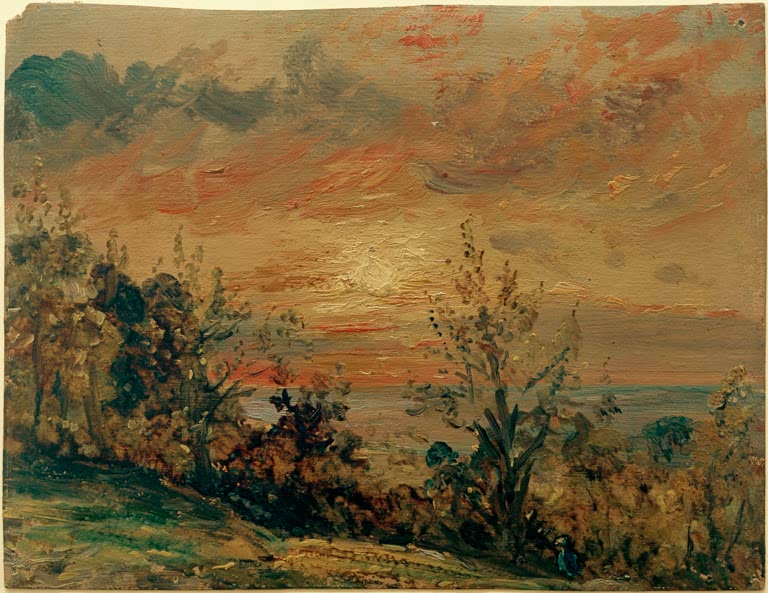 Glühender Abendhimmel über Bäumen und Sträuchern – John Constable Hampstead: Abend Kunstkopie