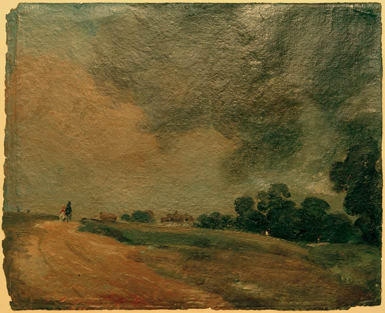 Sandiger Weg mit Reiter führt an Bäumen unter schweren Wolken vorbei – John Constable Hampstead, Blick gen Osten Kunstkopie