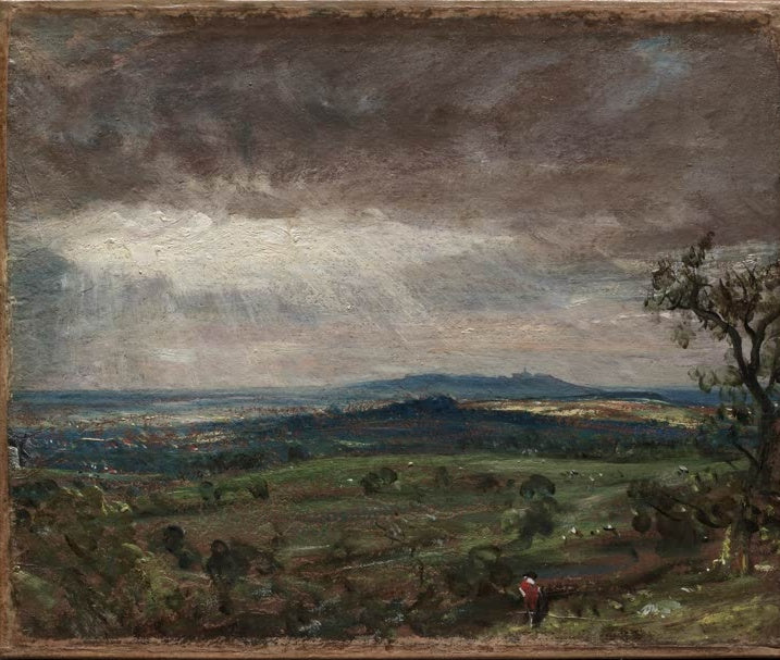 Weite Heide, ein Sonnenstrahl bricht durch dunkle Wolken – John Constable Hampstead Heath, Richtung Harrow Kunstkopie
