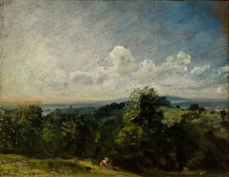 Grüne Hügel unter hellgrauem Wolkenhimmel – John Constable Hampstead Heath looking towards Harrow Kunstkopie