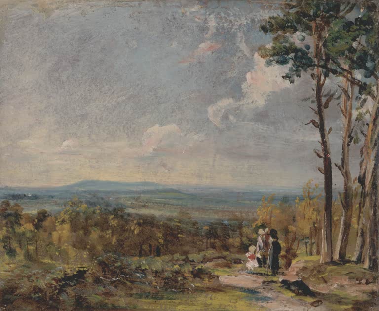 Hohe Kiefern, Spaziergänger auf einem Weg und ferne Hügel – John Constable Hampstead Heath mit Blick auf Harrow Kunstkopie