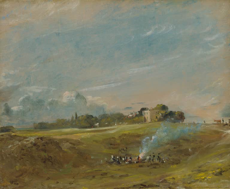 Menschen am Lagerfeuer auf grüner Heide mit Turm und Himmel – John Constable Hampstead Heath mit einem Feuer Kunstkopie