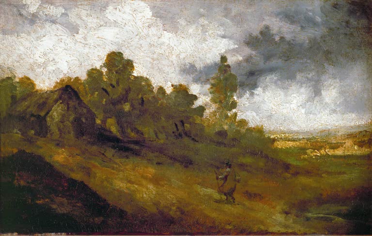 John Constable Hampstead Heath mit Hütte und Wanderer Kunstkopie, Heidelandschaft unter stürmischem Himmel