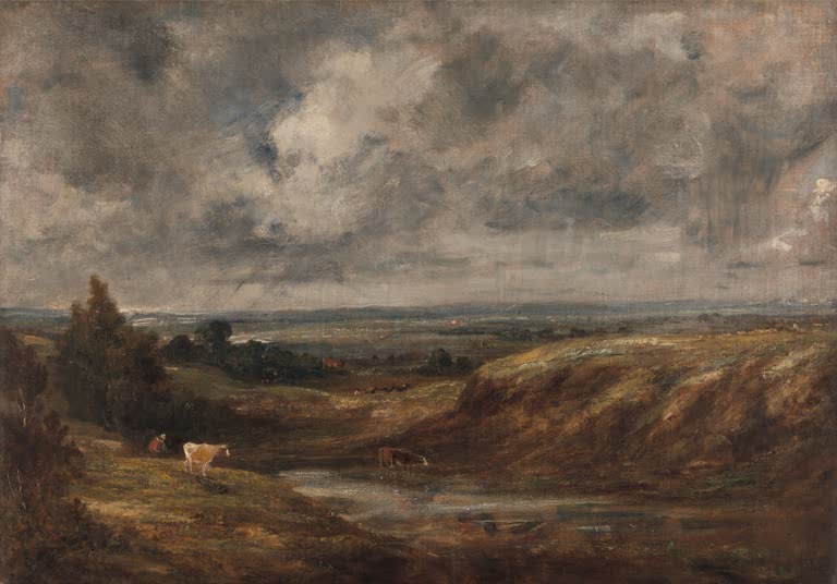 John Constable Hampstead Heath mit Kühen am Teich Kunstkopie, weidende Kühe an einem Teich unter grauem Wolkenhimmel
