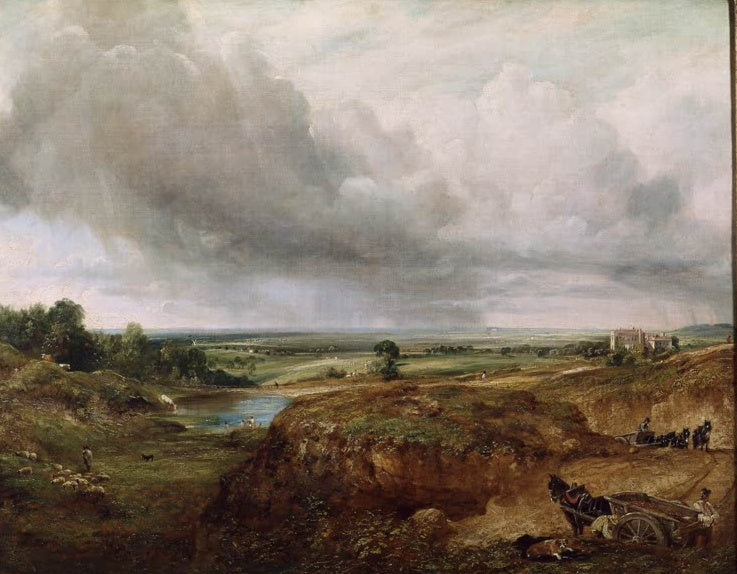 John Constable Hampstead Heath mit Sandgrube und Fuhrwerk Kunstkopie, Pferdefuhrwerke an einer Sandgrube unter Wolkenhimmel