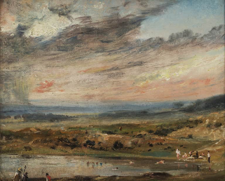 John Constable Hampstead Heath mit Teich und Badenden Kunstkopie, Abendhimmel über Teich mit kleinen Badenden auf der Heide