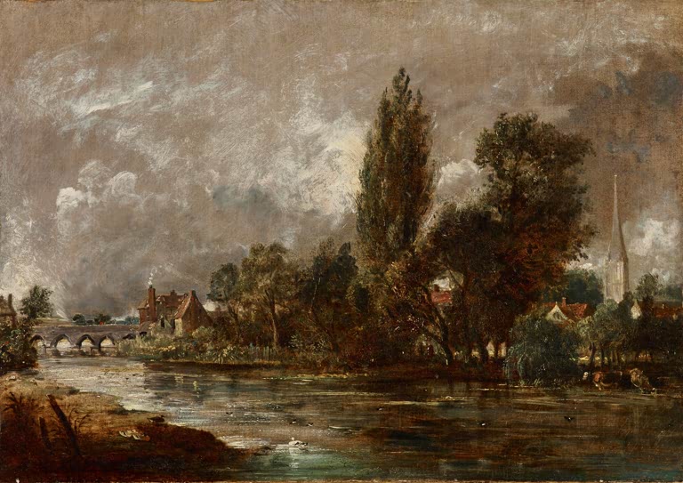 Fluss mit Steinbrücke, Häusern und Kirchturm zwischen Bäumen – John Constable Harnham-Brücke, Salisbury Kunstkopie