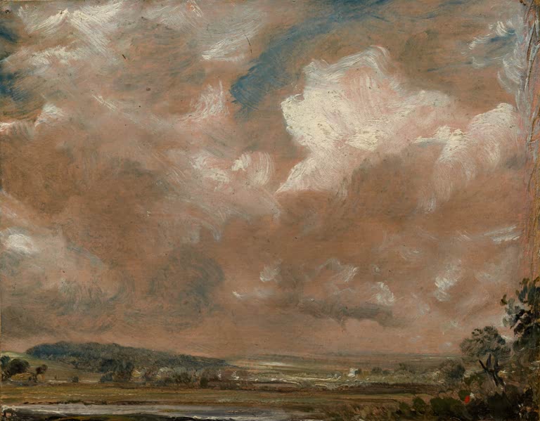 Flaches Flusstal mit Bäumen unter rosigen Wolken – John Constable Harnham Ridge bei Salisbury Kunstkopie