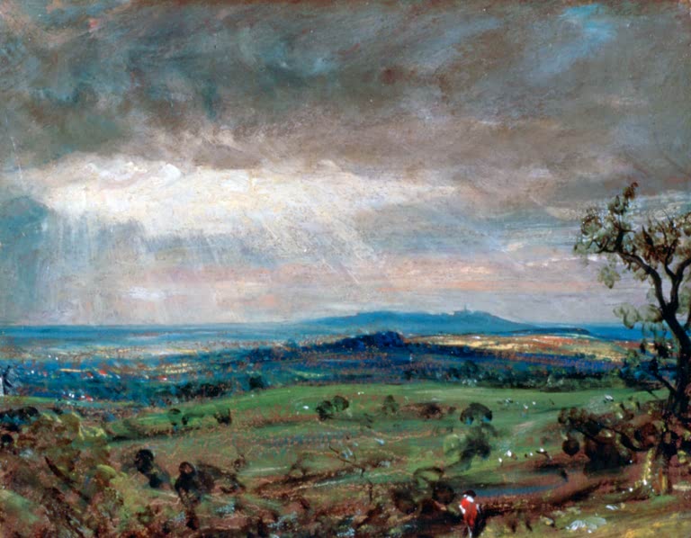 Weite grüne Ebene unter Wolken und Lichtstrahlen – John Constable Heide bei Hampstead Kunstkopie