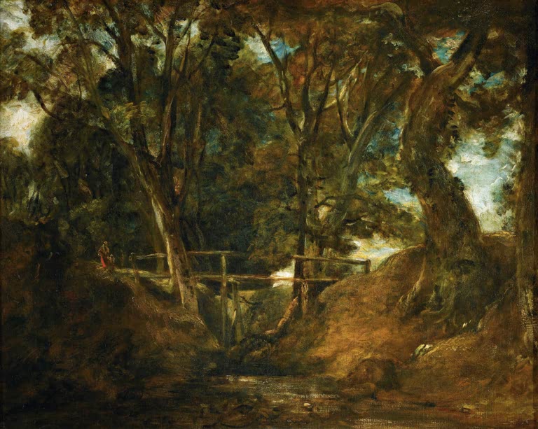 John Constable Helmingham Dell, Suffolk Kunstkopie, Holzbrücke über einen Graben zwischen mächtigen Bäumen